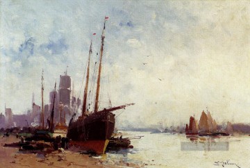  boot - Schifffahrt in den Docks Boot Guaschgemälde Impressionismus Eugene Galien Laloue